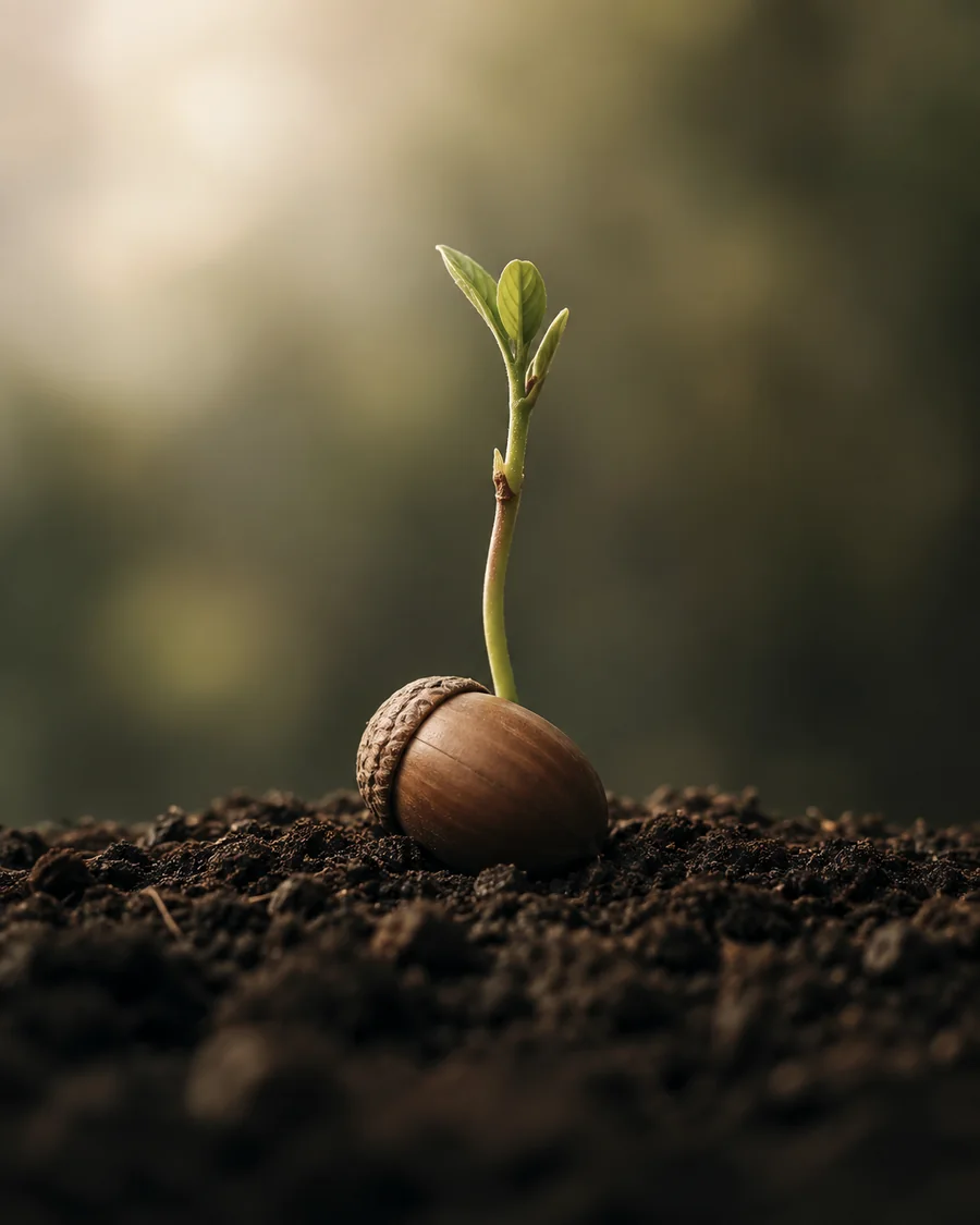 An acorn germinating, its first shoot and leaves open